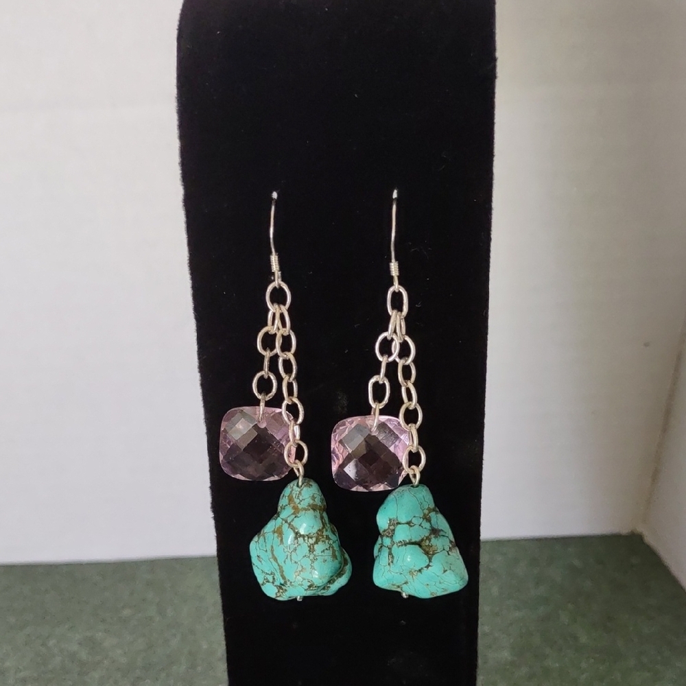 Elegant Sterling Silver  Raw Turquoise and Pink Dangle Earrings